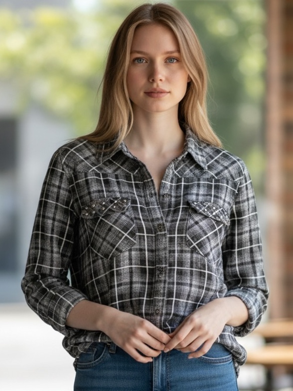 Classic Purple & White Plaid Women’s Button-Up Shirt